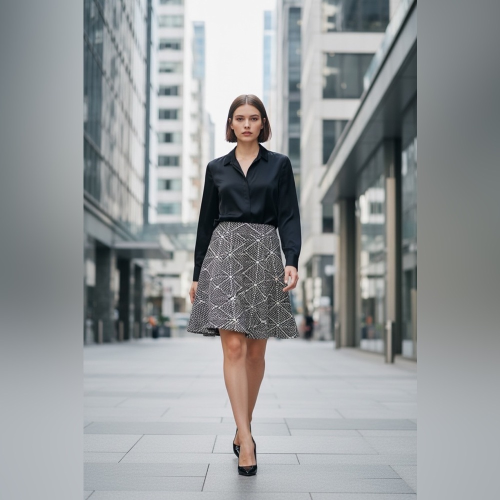 Colori, Black & Grey Geometric Flared Skirt Stretch, Small